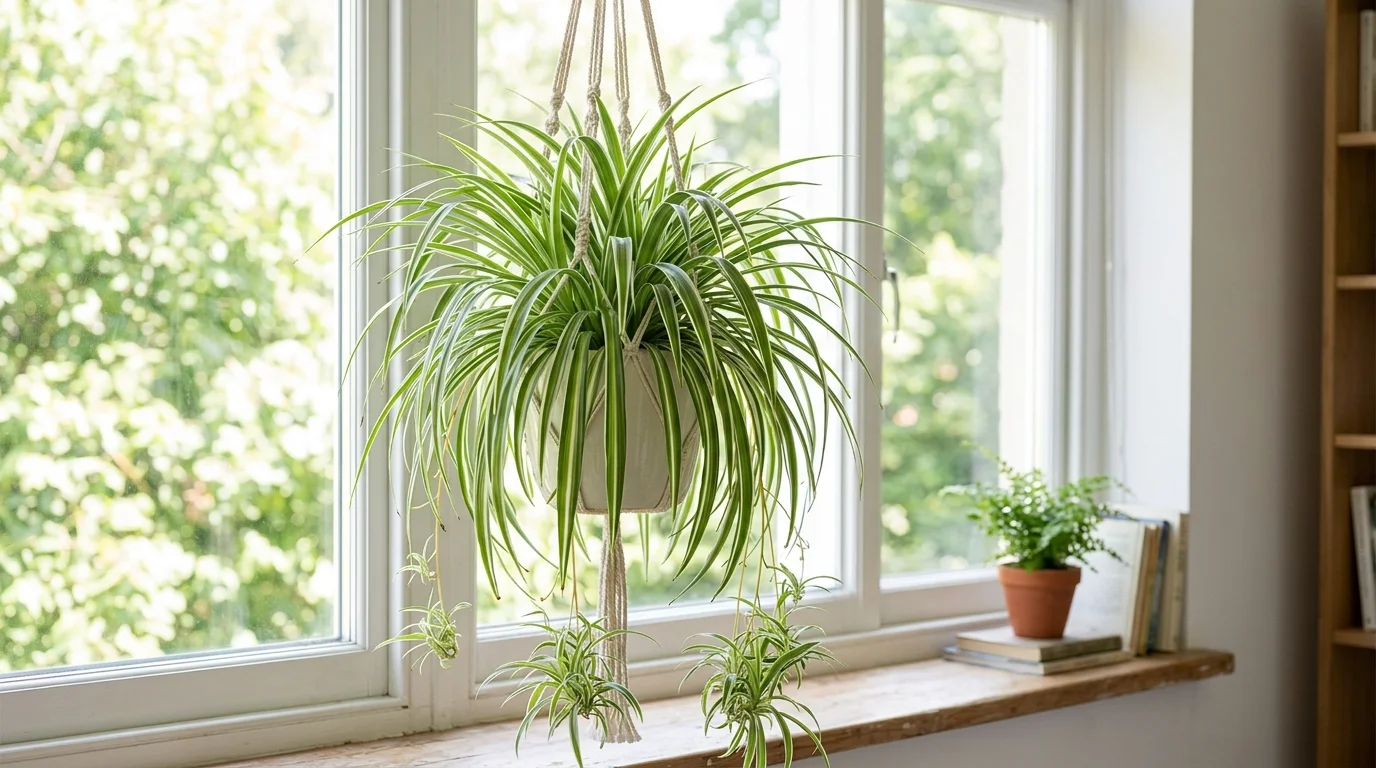 A spider plant hanging near a window with arching leaves bright natural light humidity tolerant indoor greenery no people