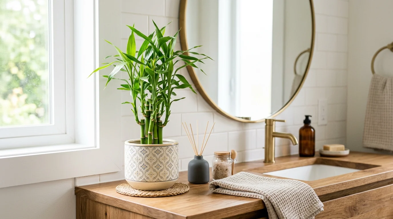 A bamboo plant placed in a decorative pot on a vanity bright natural lighting simple moisture absorbing decor no people