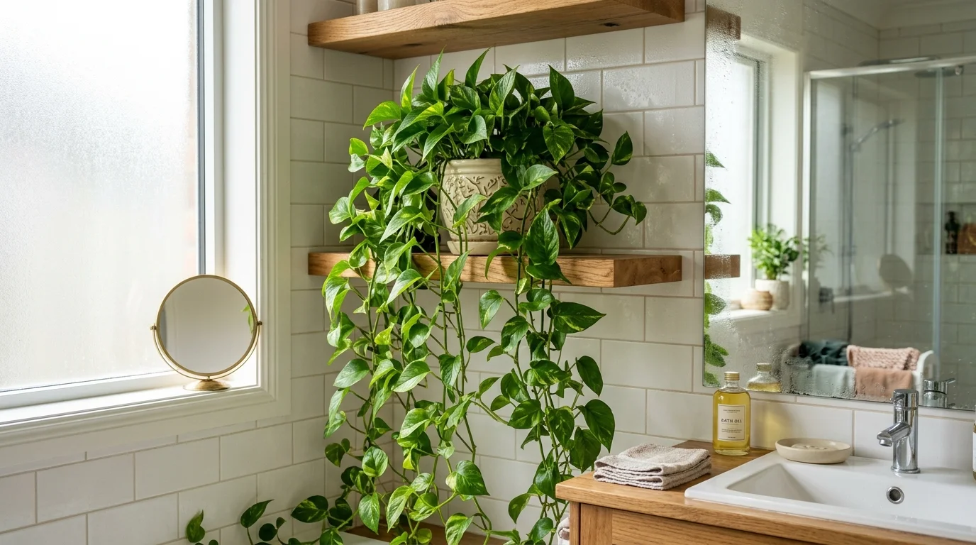 A pothos plant with trailing vines placed on a shelf bright daylight thriving in a humid bathroom environment no people