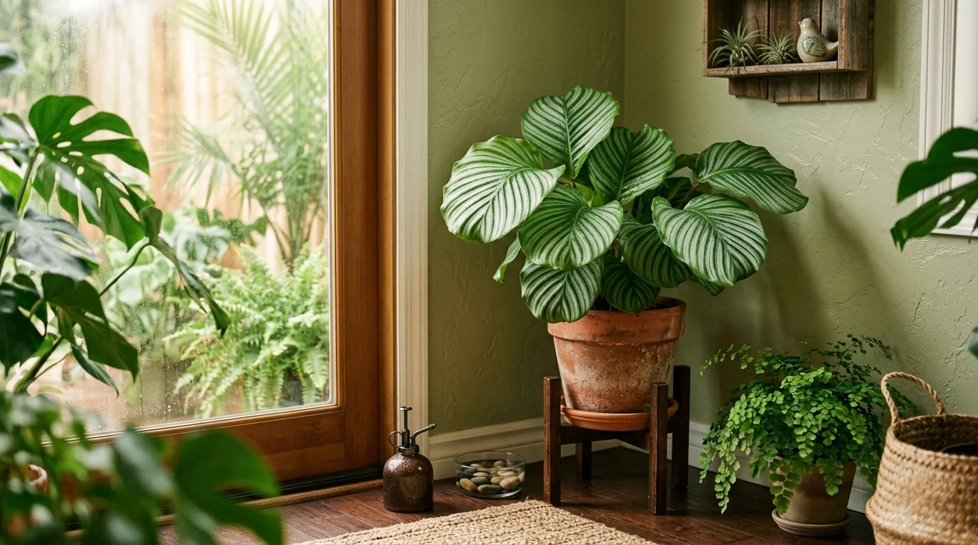 A calathea plant with patterned leaves placed in a corner with soft lighting humidity loving tropical vibe no people