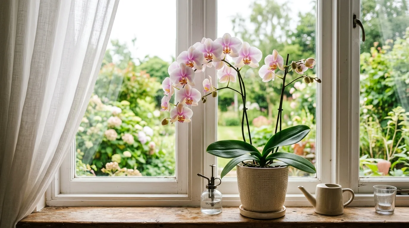 An orchid placed near a window with soft light highlighting delicate blooms bright natural daylight elegant humidity friendly plant no people