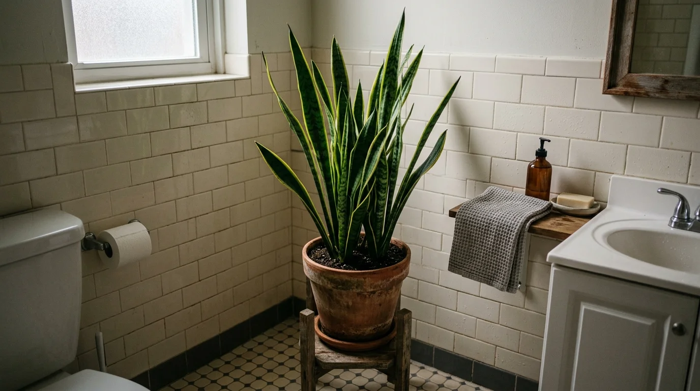 A snake plant placed in a bathroom corner with minimal light resilient low maintenance humidity tolerant plant no people
