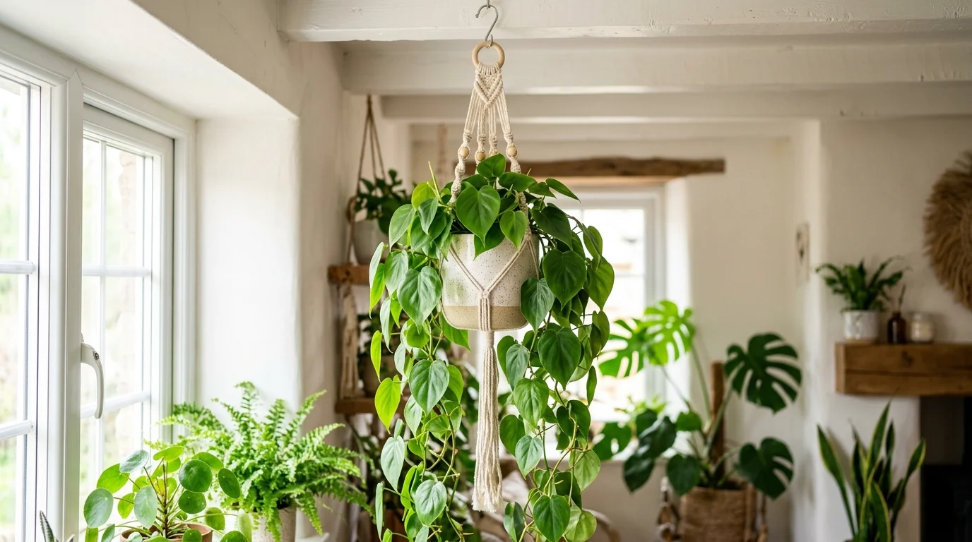 A philodendron plant with heart shaped leaves trailing from a hanging pot bright natural light thriving indoor greenery no people
