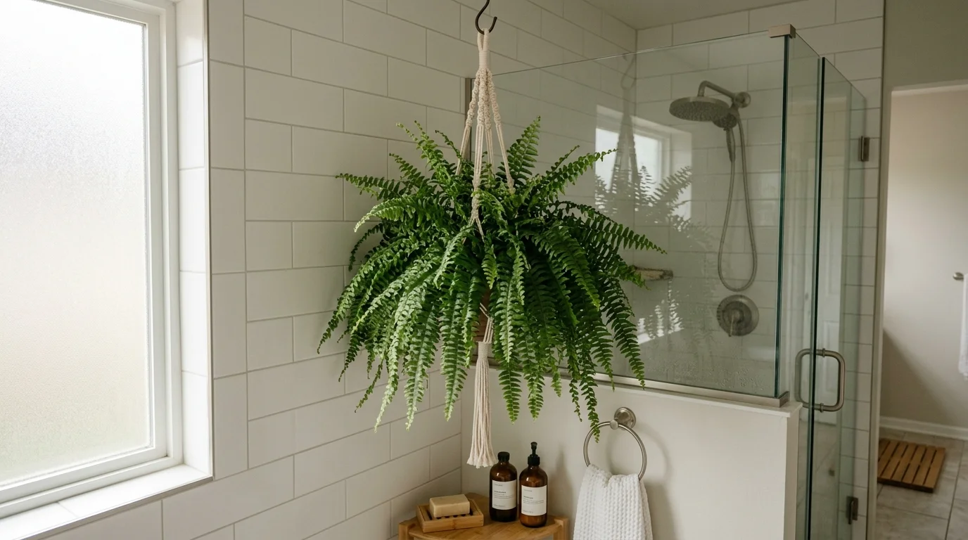 A Boston fern hanging near a shower area with soft diffused lighting lush moisture loving plant no people