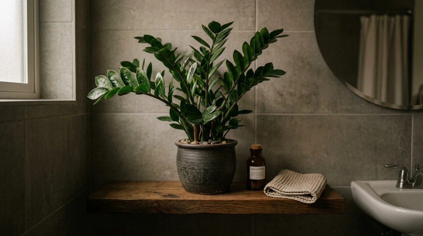 A ZZ plant placed on a shelf in a bathroom with low light conditions soft lighting hardy adaptable plant no people
