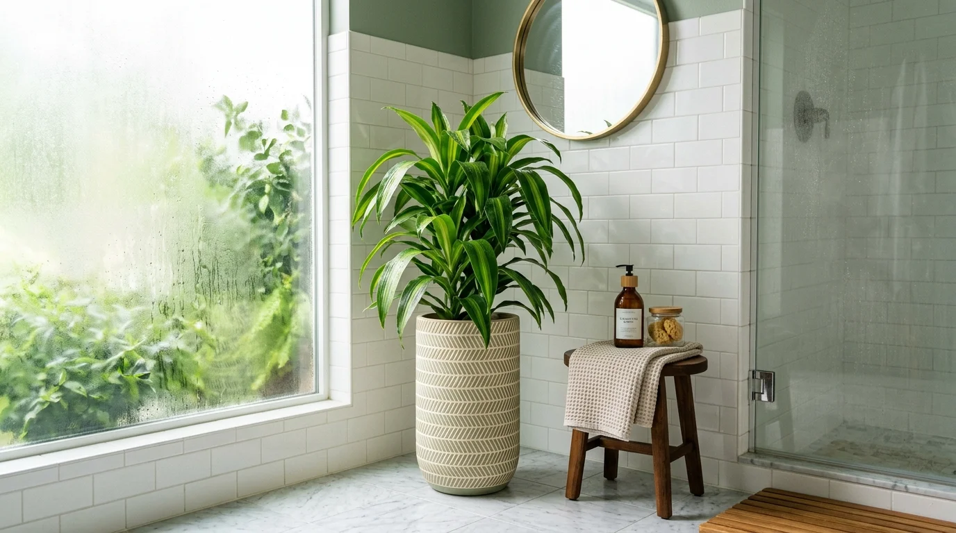 A dracaena plant in a tall planter placed in a humid bathroom corner bright lighting stylish moisture tolerant decor no people