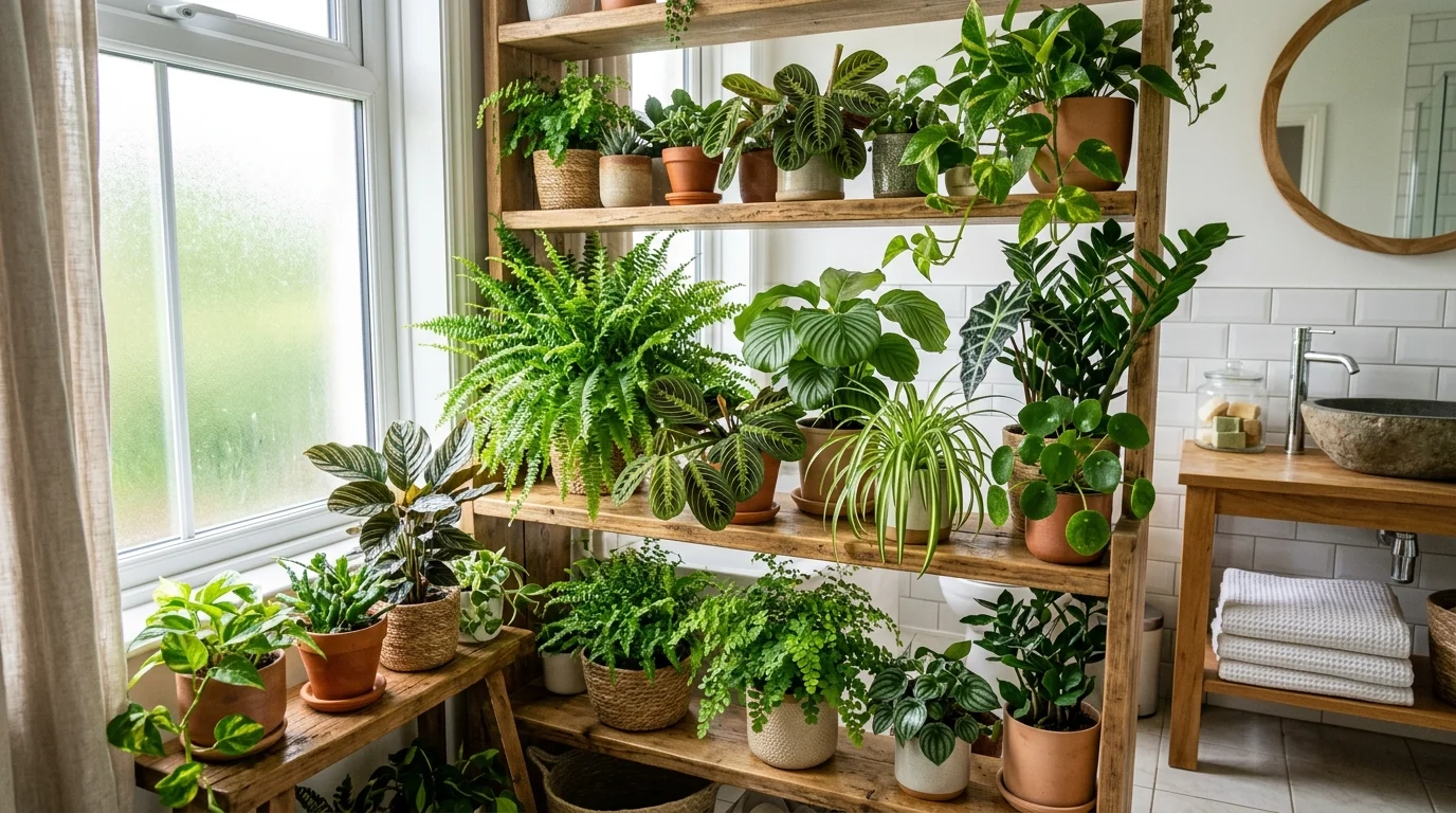 A grouping of various humidity loving plants arranged on shelves bright natural daylight fresh green bathroom oasis no people