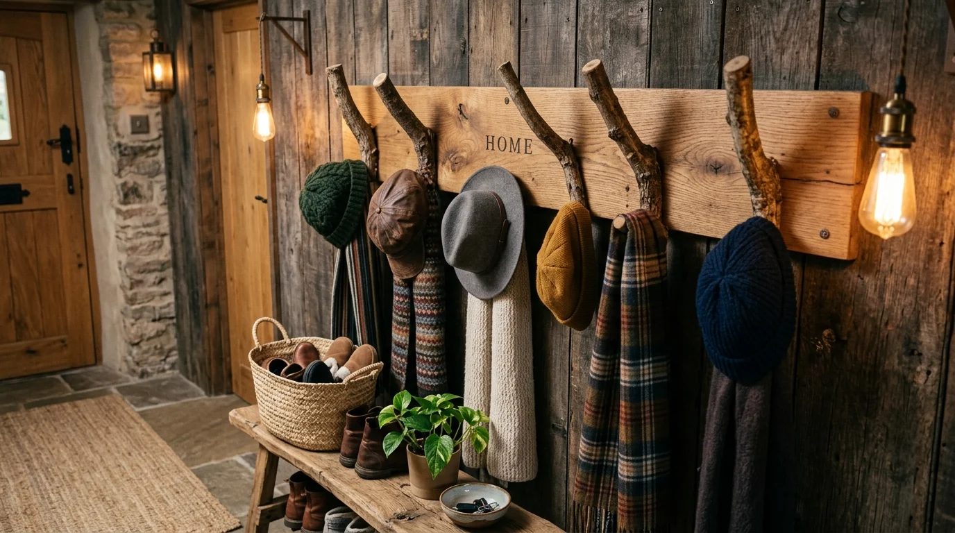 A DIY branch coat rack with sturdy branches mounted on a wooden board holding hats and scarves warm lighting functional rustic entryway decor no people