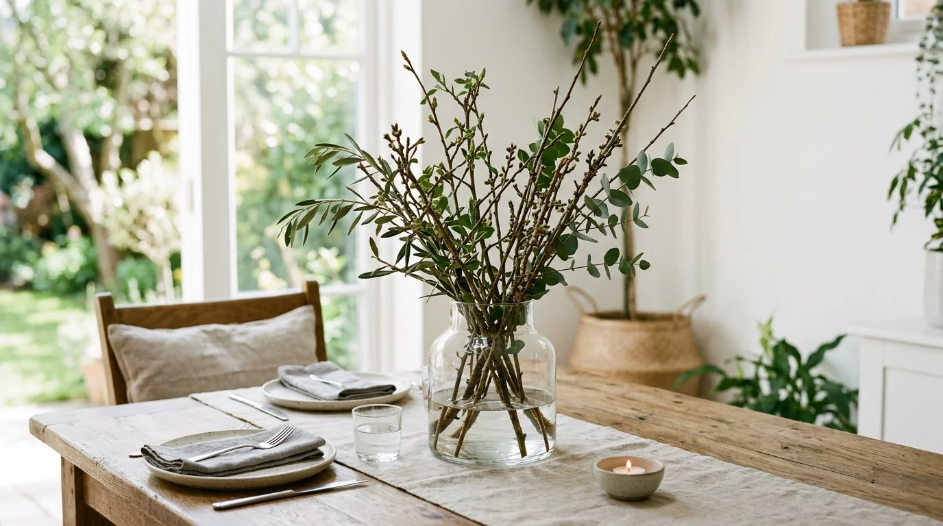 A centerpiece with branches arranged in a glass vase placed on a dining table bright natural daylight simple organic styling no people