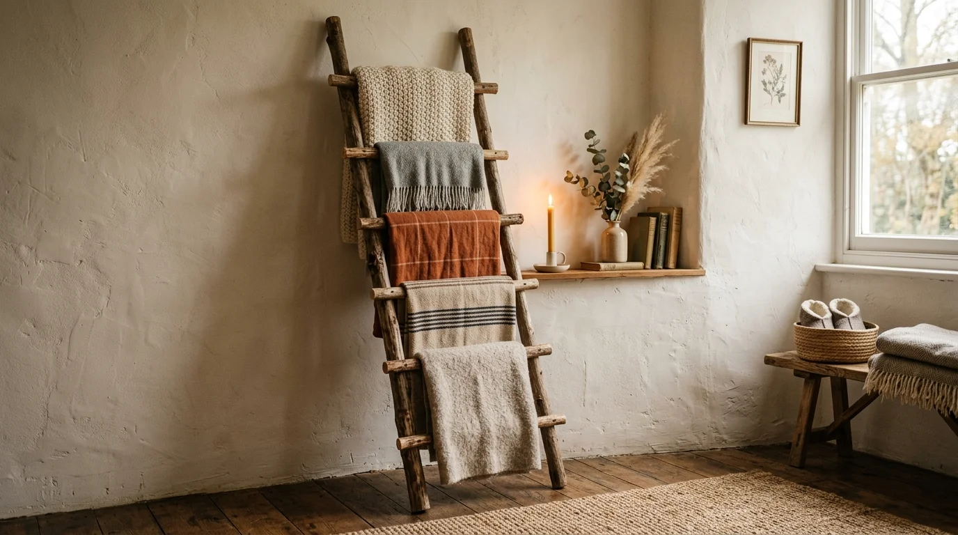 A decorative branch ladder leaning against a wall used to hang blankets soft lighting cozy rustic home accent no people