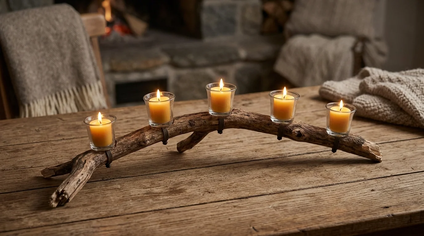 A branch candle holder with small holders attached to a horizontal branch placed on a wooden table warm ambient lighting natural cozy feel no people