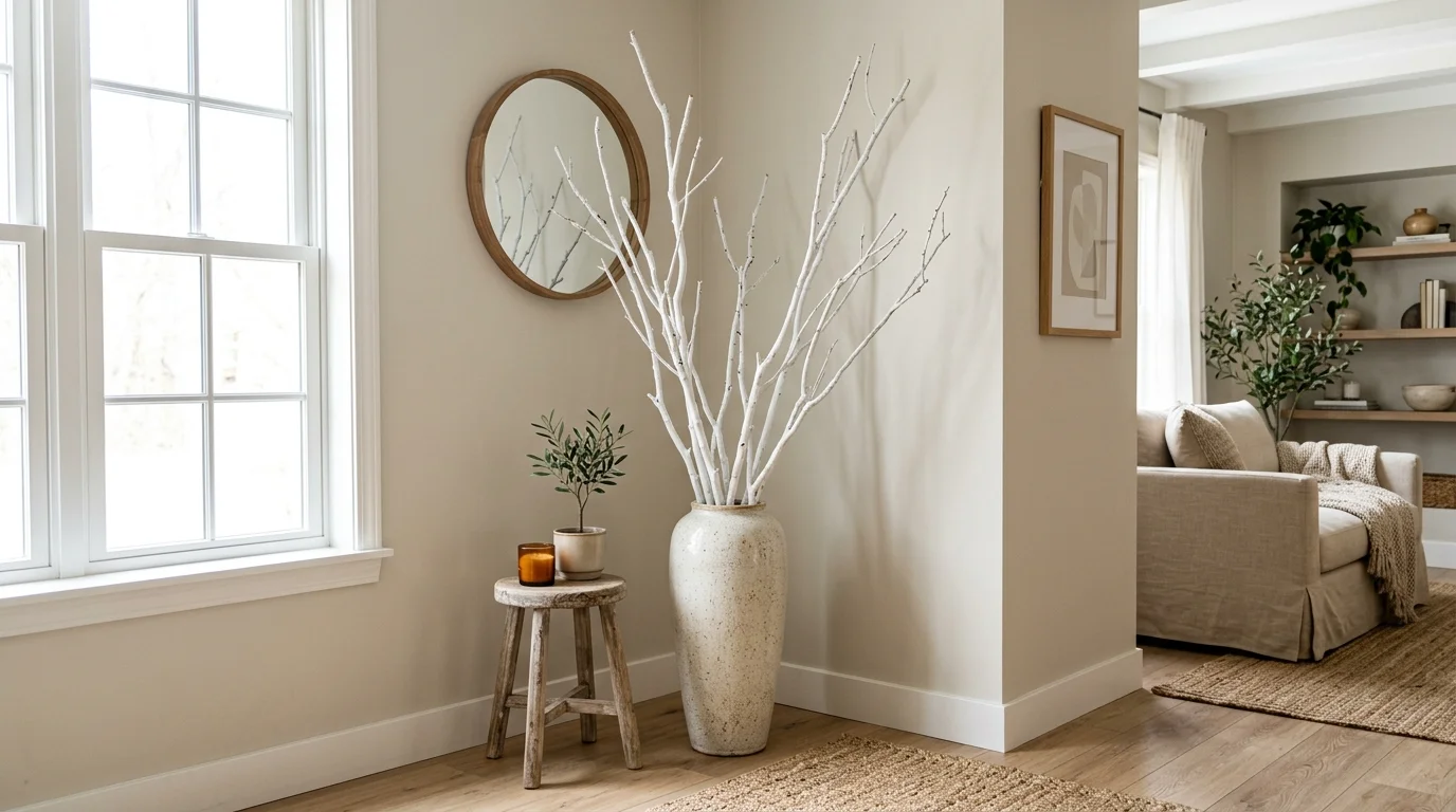 A set of branches painted white and arranged in a tall vase placed in a corner bright lighting modern rustic decor no people