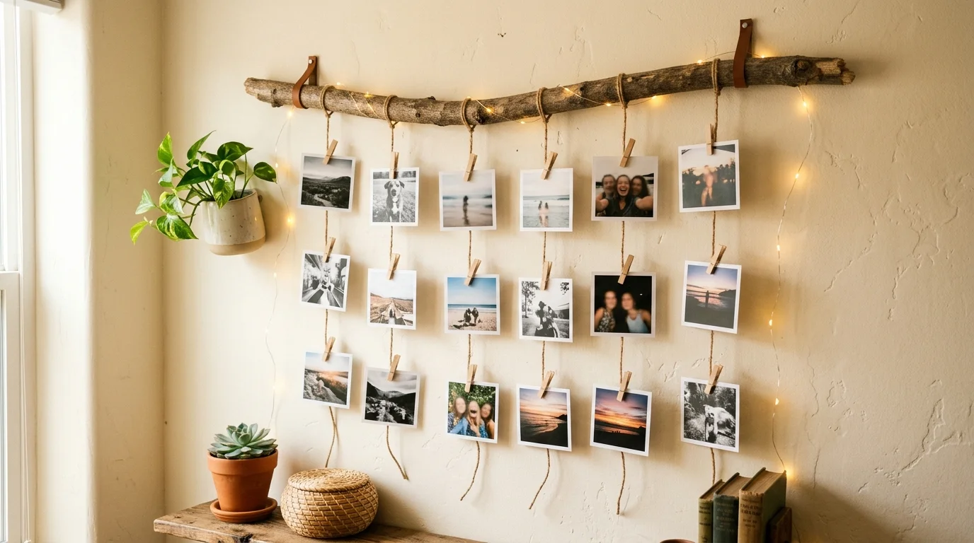 A DIY photo display using branches and string to hang pictures clipped neatly soft lighting creative personalized decor no people
