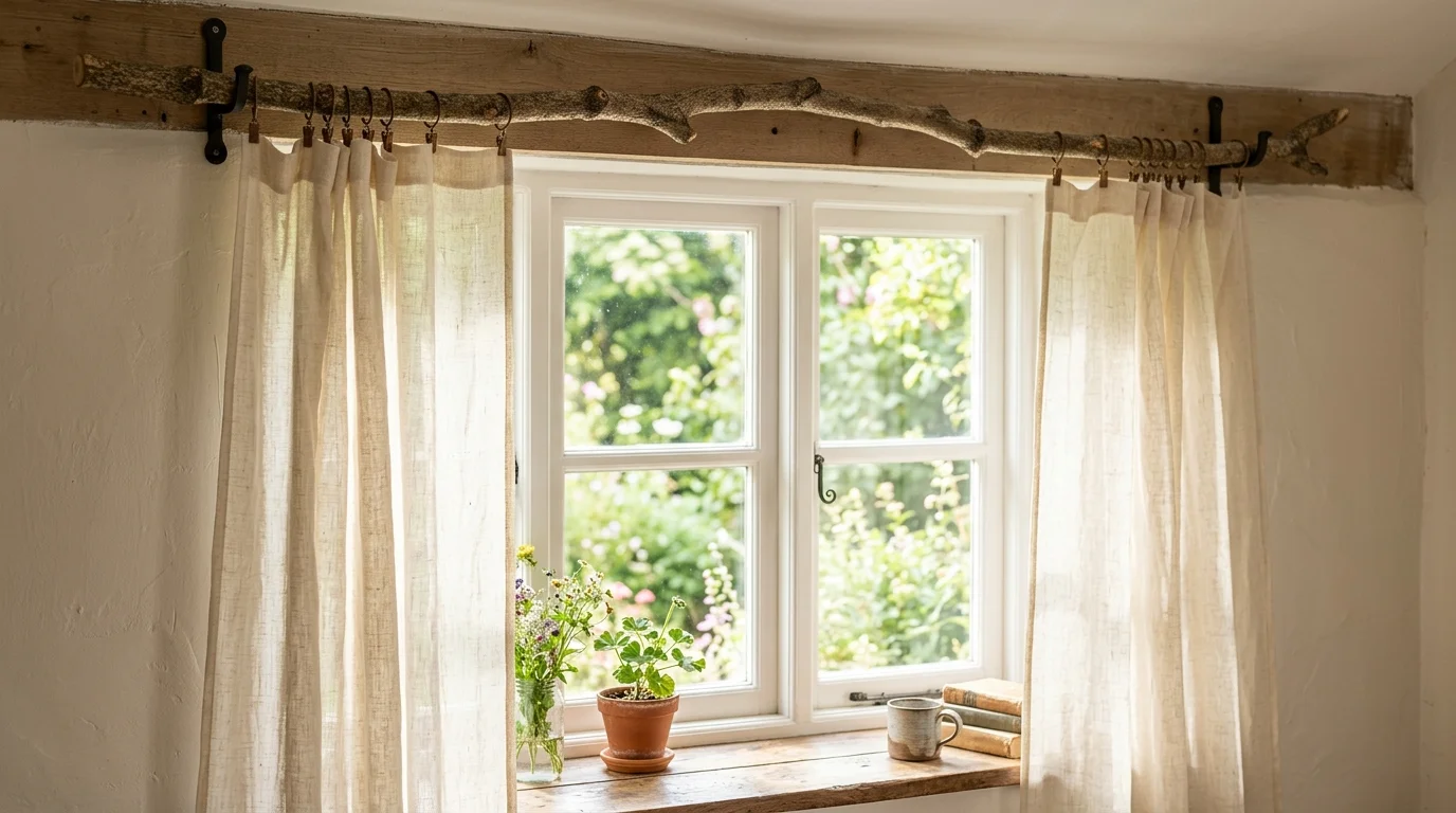 A branch curtain rod holding light fabric curtains in a window bright natural light organic rustic detail no people