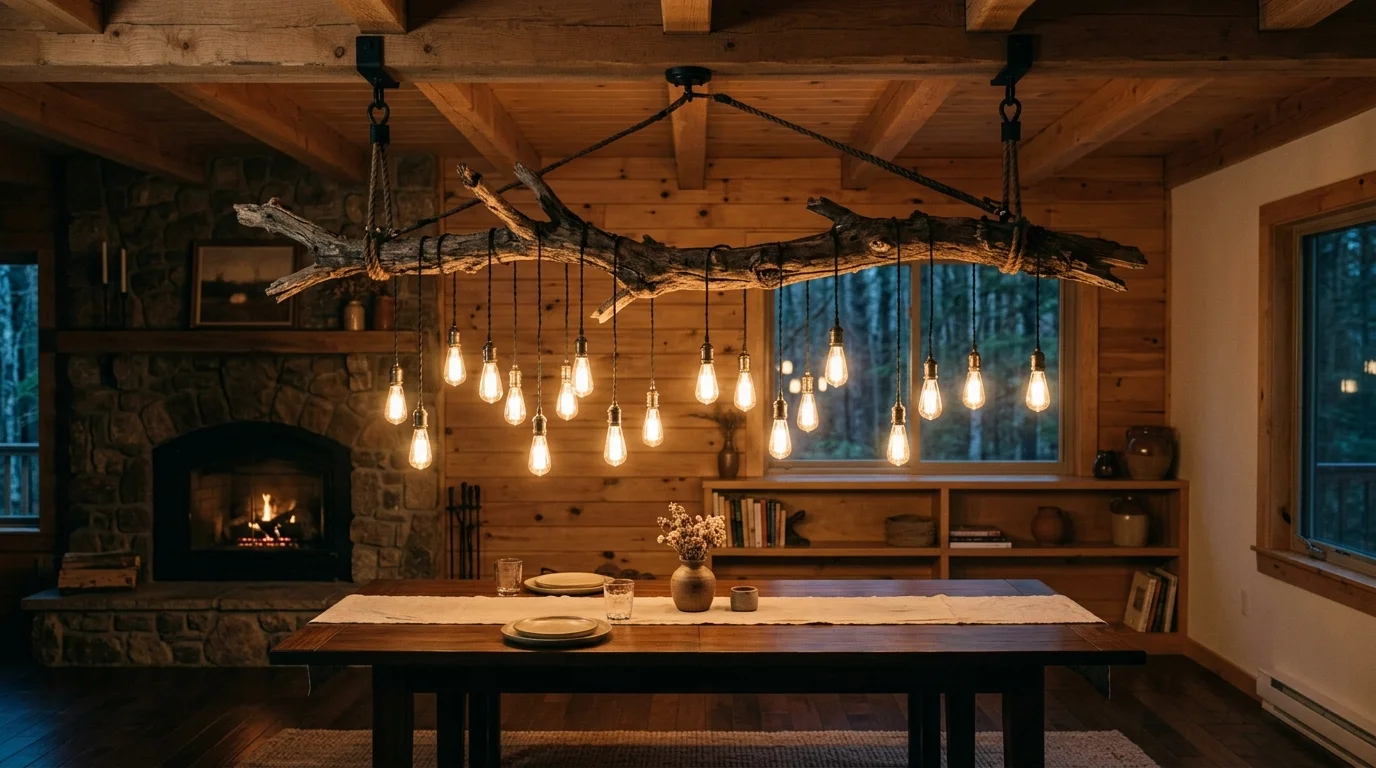 A hanging branch chandelier with bulbs suspended from a large branch warm lighting unique statement lighting piece no people