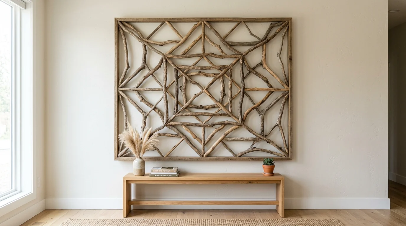 A branch wall art piece with multiple branches arranged in a geometric pattern on a wall bright lighting artistic natural design no people
