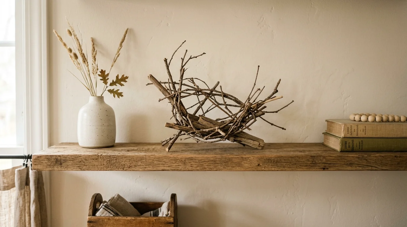 A small branch sculpture displayed on a shelf paired with minimal decor soft lighting simple rustic accent no people