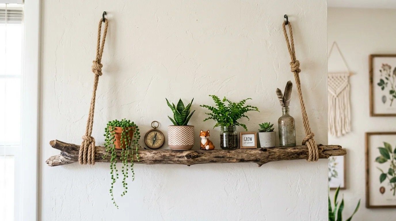 A branch shelf supported by ropes mounted on a wall holding small plants and decor items bright lighting creative DIY shelving no people