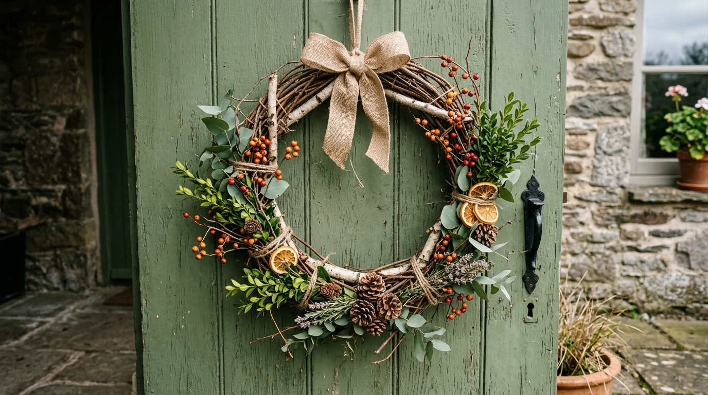 A decorative branch wreath with greenery and natural elements mounted on a door soft natural lighting rustic seasonal decor no people