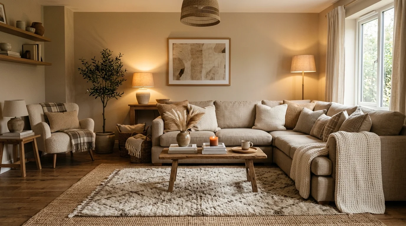 A living room with a neutral palette of beige brown and cream layered with textured rugs and cushions soft lighting warm earthy vibe no people