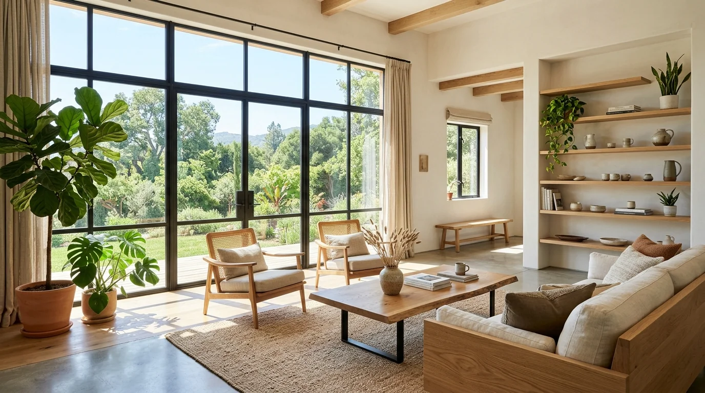 A space with large windows allowing sunlight to fill the room paired with natural wood furniture bright natural light airy organic design no people