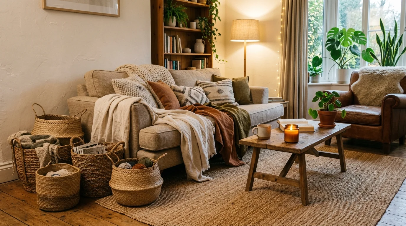 A cozy room with a jute rug woven baskets and soft textiles warm ambient lighting inviting grounded feel no people