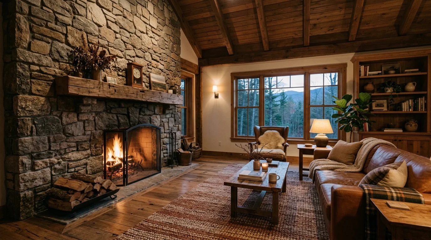A living room with a stone feature wall and wooden accents soft lighting rustic earthy charm no people