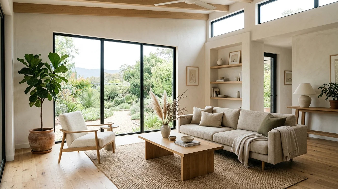 A modern earthy space with clean lines neutral tones and minimal decor bright lighting calm organic aesthetic no people