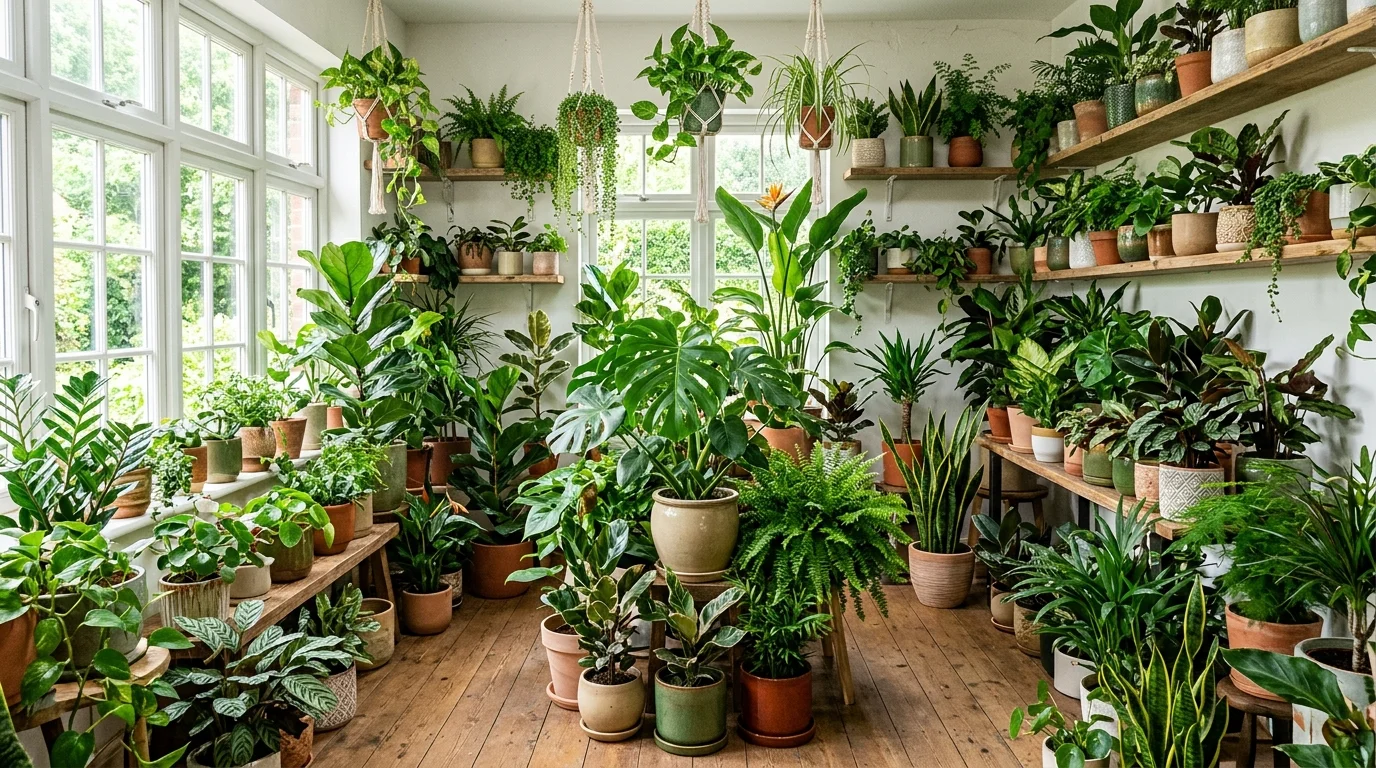 A room filled with indoor plants in ceramic pots creating a lush green environment bright natural daylight fresh organic vibe no people