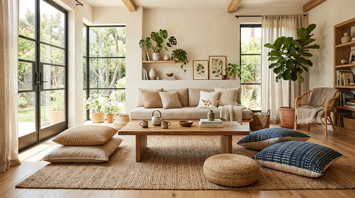 A living room with a low wooden table floor cushions and natural materials bright lighting relaxed grounded design no people