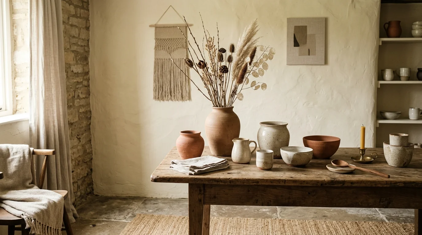 A space with clay pottery dried branches and simple decor elements soft lighting earthy minimalist styling no people