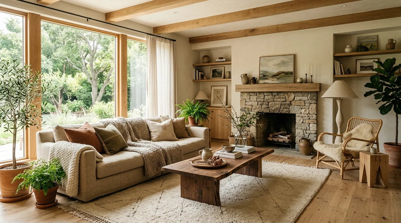 A living room with layered textures including linen wool and wood bright natural light harmonious organic design no people