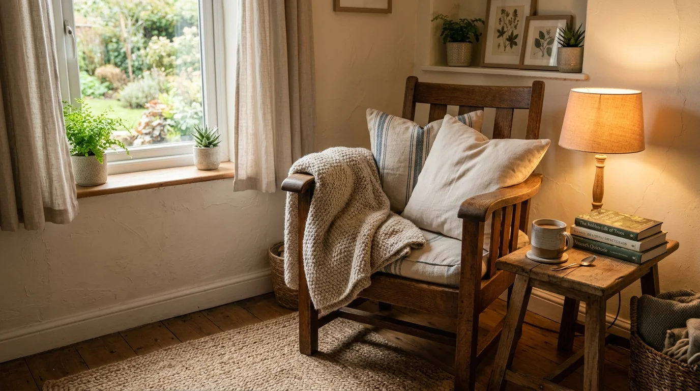 A cozy corner with a wooden chair soft cushions and a throw blanket warm lighting relaxing natural nook no people