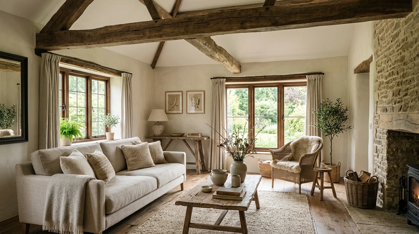 A room with exposed wooden beams and neutral decor bright natural daylight rustic organic atmosphere no people