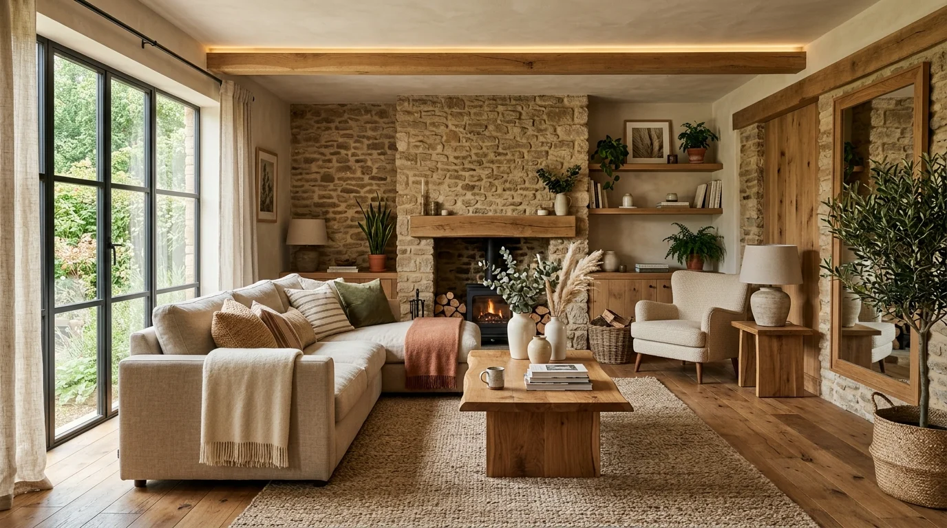 A living room with a mix of natural materials like wood stone and fabric bright lighting balanced earthy aesthetic no people
