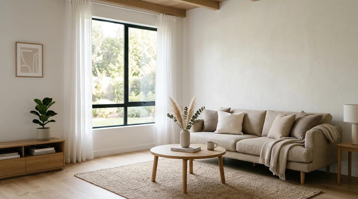 A minimalist living room with soft neutral tones and simple decor bright natural daylight calm grounded environment no people