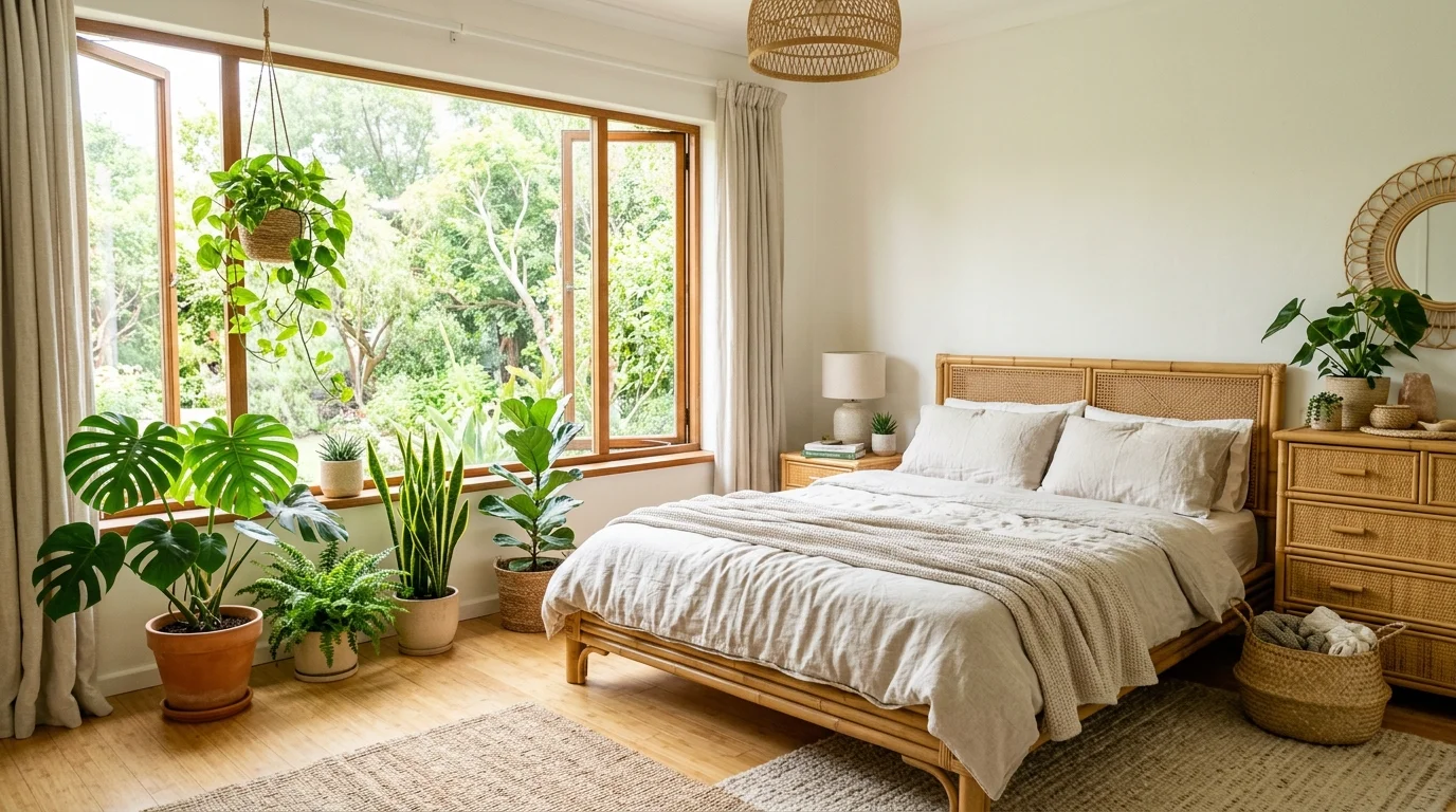 A bedroom with bamboo furniture linen bedding and potted plants placed near a window bright natural light fresh sustainable design no people