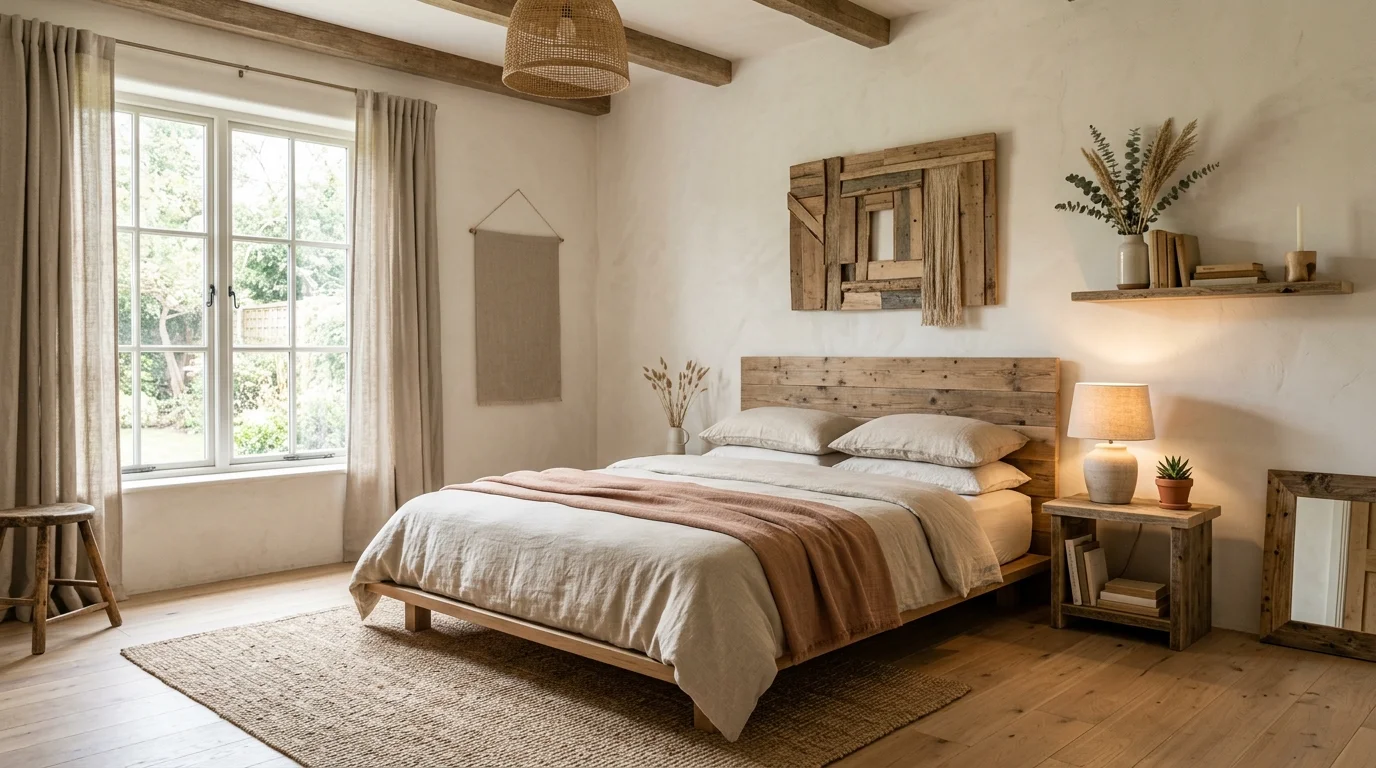 A minimalist bedroom with recycled wood decor pieces a simple bed and earthy tones soft diffused lighting eco conscious aesthetic no people