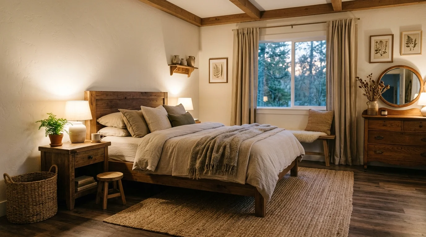 A cozy bedroom featuring a jute rug natural fiber textiles and wooden furniture warm soft lighting organic comfortable feel no people