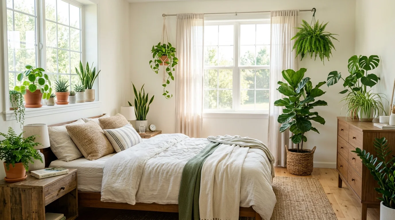 A bedroom styled with indoor plants placed around the room improving air quality bright natural daylight green refreshing environment no people
