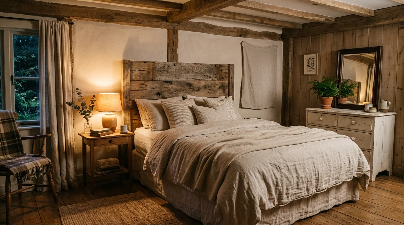 A rustic bedroom with reclaimed wood headboard and simple decor soft warm lighting sustainable farmhouse style no people