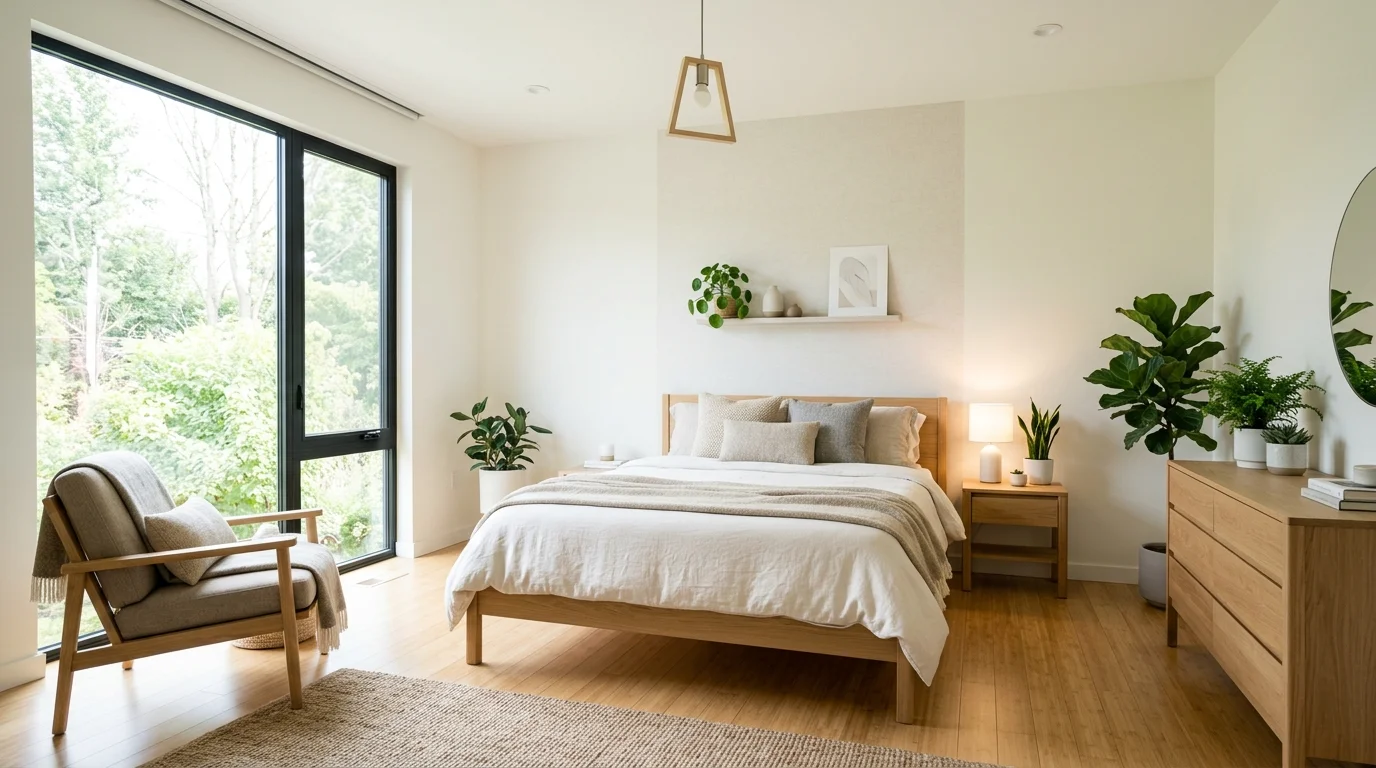 A modern eco bedroom with clean lines energy efficient lighting and neutral tones bright natural lighting sustainable contemporary design no people