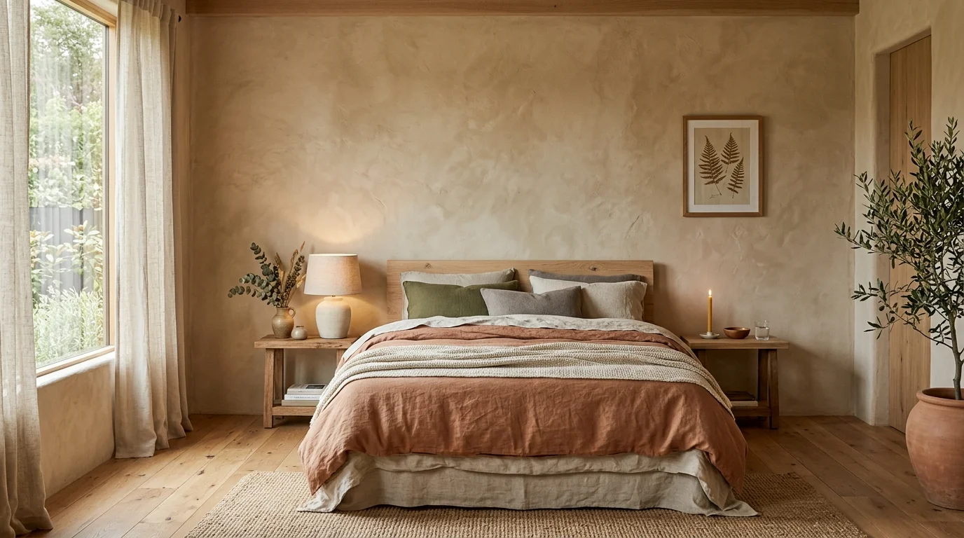 A bedroom with clay or lime wash painted walls creating natural texture soft lighting earthy calming environment no people