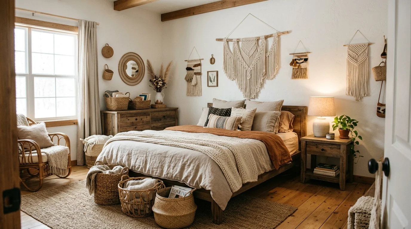 A bedroom with handmade decor items like woven baskets and macrame wall hangings soft lighting artisanal sustainable style no people