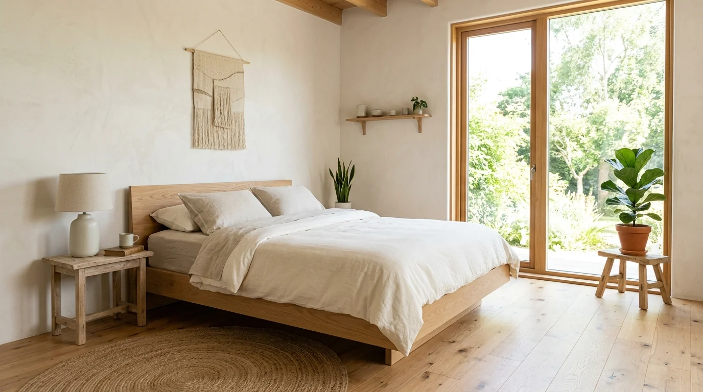 A bedroom with a simple wooden platform bed and minimal decor emphasizing natural materials bright daylight clean eco aesthetic no people