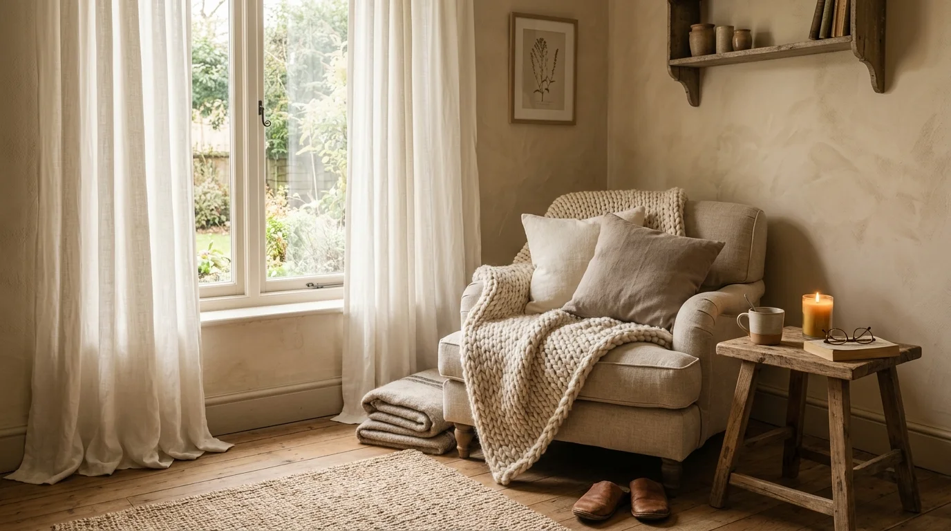 A cozy space with wool blankets linen curtains and soft neutral tones warm lighting natural sustainable comfort no people