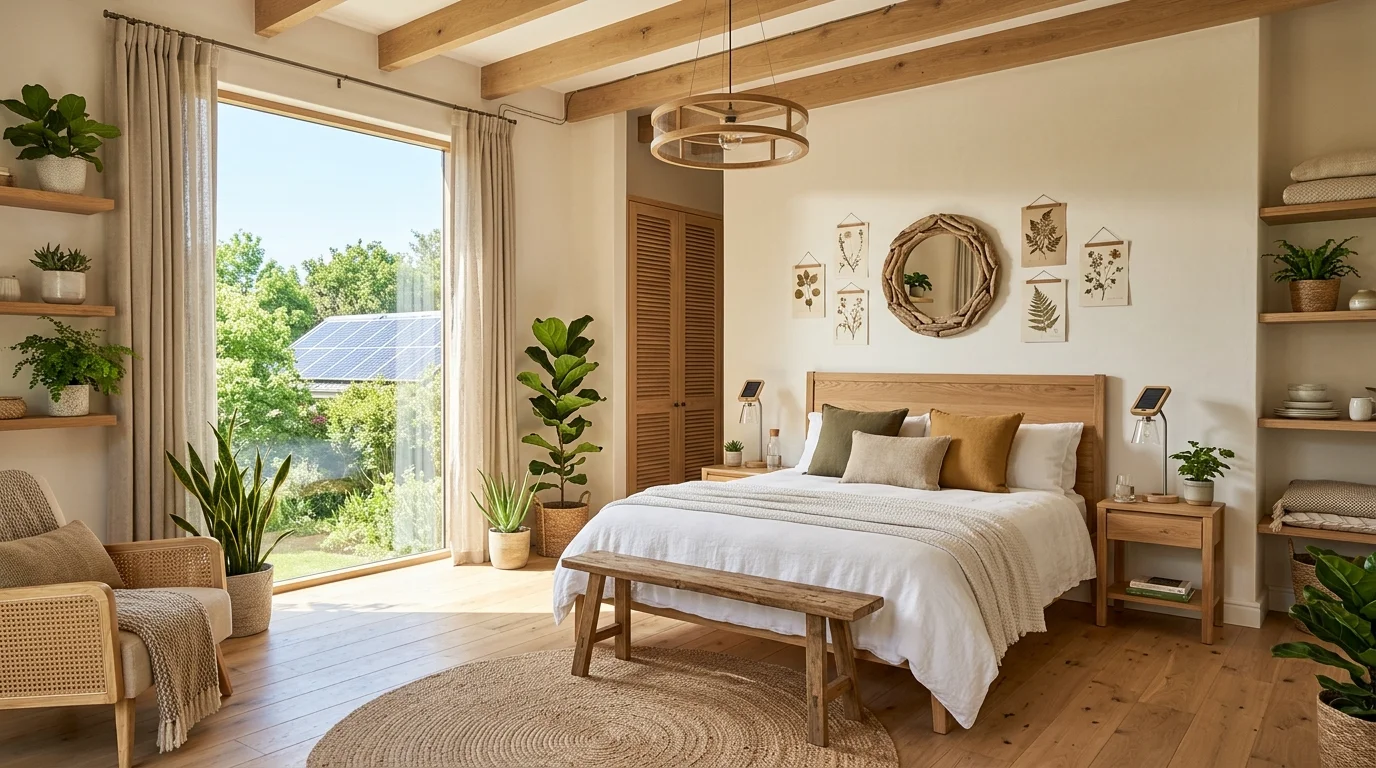 A bedroom featuring solar powered lighting elements and natural decor bright lighting eco friendly modern innovation no people