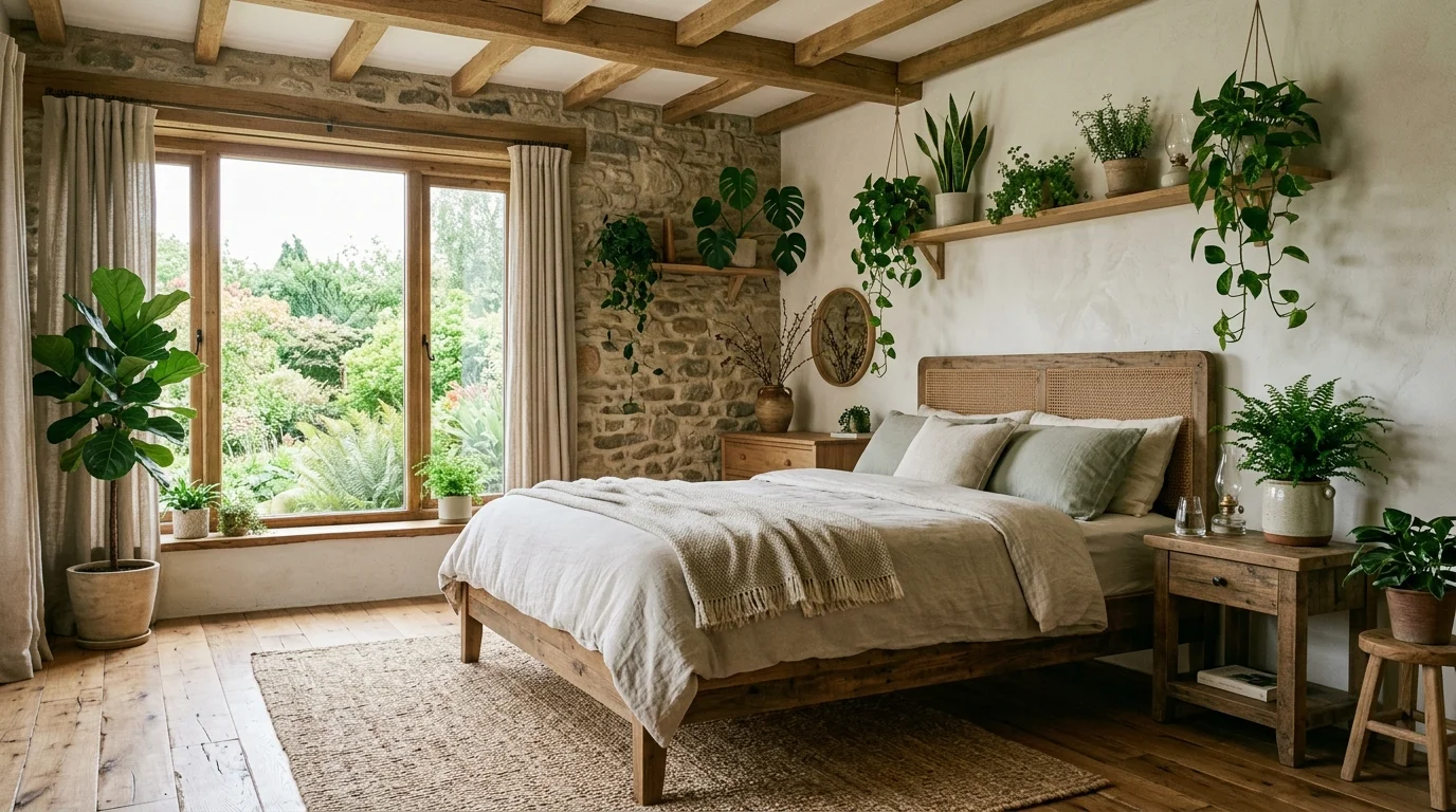 A tranquil bedroom with a balance of wood stone and greenery elements soft natural light peaceful sustainable sanctuary no people