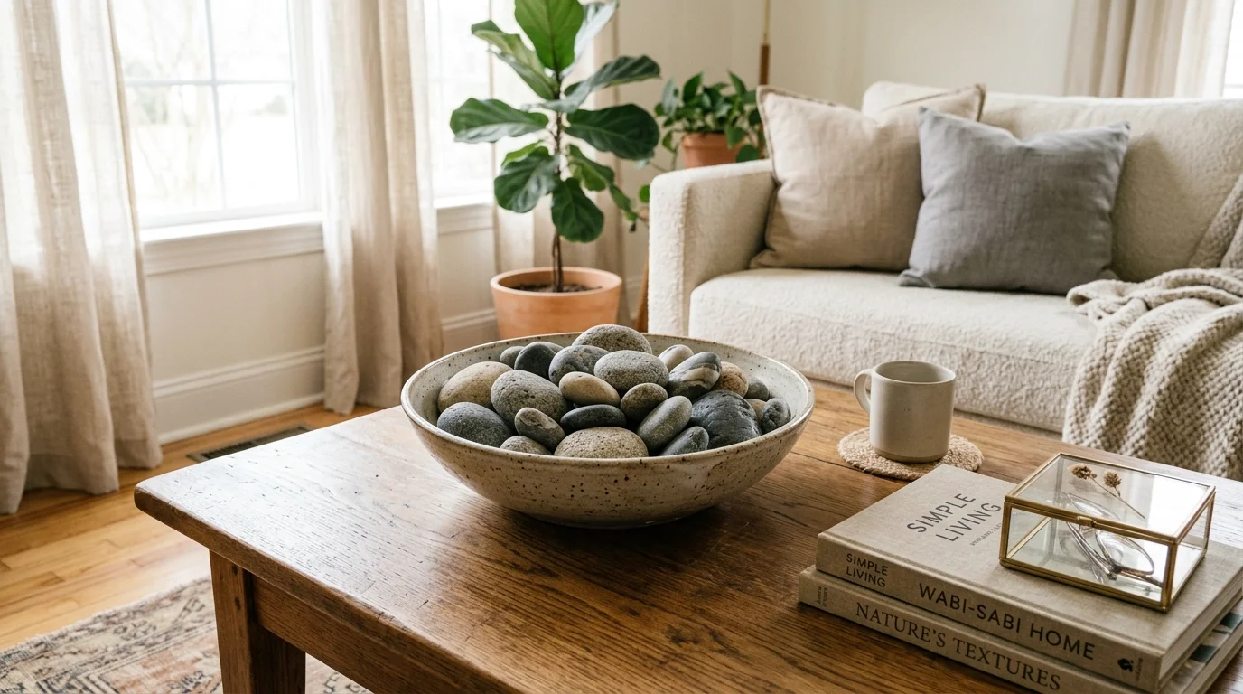 A coffee table styled with smooth river rocks arranged in a decorative bowl bright natural light simple earthy centerpiece no people