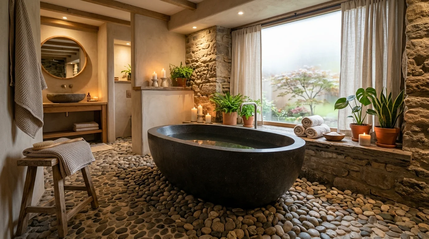 A bathroom with pebble stone flooring around a tub soft lighting spa like organic atmosphere no people